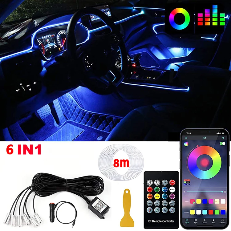 Kit éclairage Ambiance Voiture RGB - 8 Mètres Fibre Optique - Synchronisation Musique - Contrôle Par Appli Et Télécommande