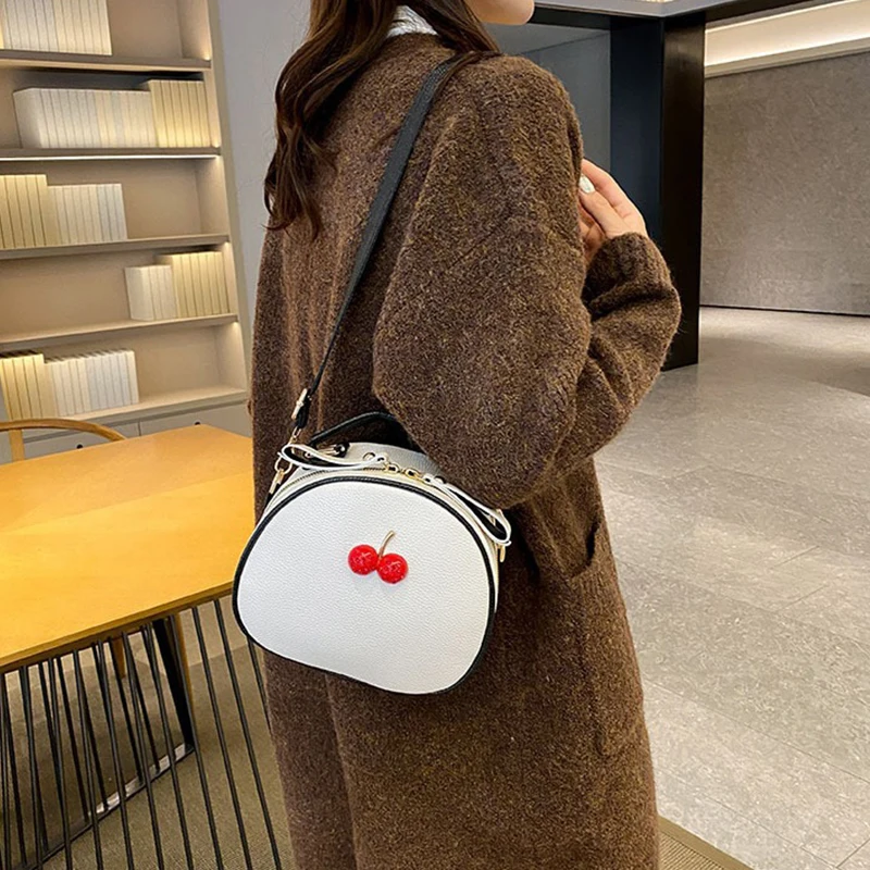 Litchi Pattern Contrast Color Cherry Small Backpack 2024 New Women's One-shoulder Messenger Mobile Phone Bag