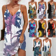2022 New Ladies Casual Dress Sexy V-Neck Floral Feather Print Sling Dress Summer Ladies Fashion Dress Women's Print Skirt