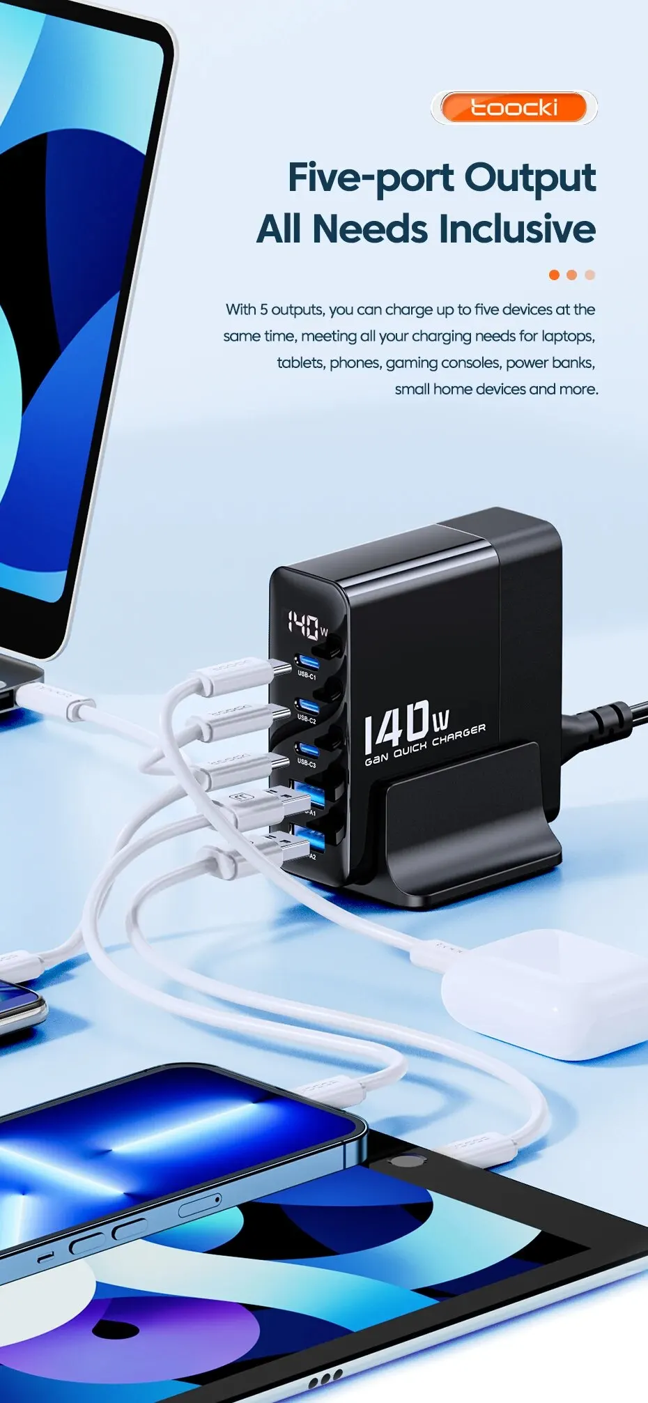 Toocki 140W USB-Ladegerät Multi-Port-Ladestation mit Schnelllade-Desktop für iPhone 15 PD C-Netzteil LED-Display