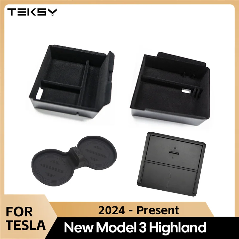 For 2024 Tesla New Model 3 Highland Hidden Storage Box Car Center Console Armrest Front and Rear Flocking Layered Grid Organized