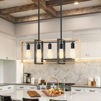 5 Lights Celling Light Fixture Rattan Pendant Height Adjustable Indoor Lighting for Farmhouse Dining Room Kitchen Home Decor 1