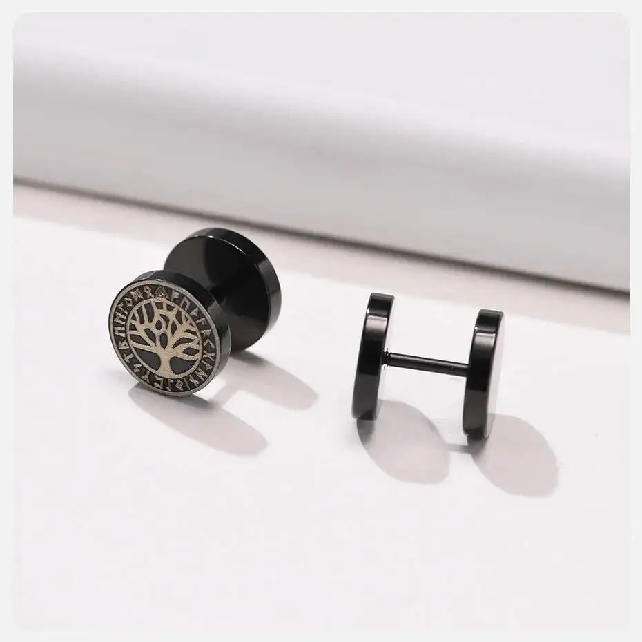 Vnox Herren-Wikinger-Ohrstecker, schwarz, Vegvisir und Norse Valknut, coole Punk-Edelstahl-Ohrringe mit nordischem Wikinger-Set für Männer – Detail 9