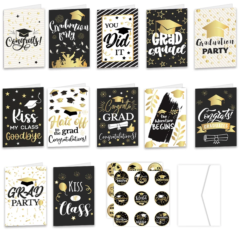 12pcs Graduation Fold Greeting Cards with Envelopes Congrats Grad Postcard DIY Gift Card Graduation Season Themed Party Decor