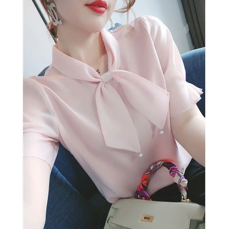여성용 한국 출퇴근 스카프 칼라 활 비즈 반팔 쉬폰 셔츠, 루즈 패션 블라우스, 단색, 여름 신상
