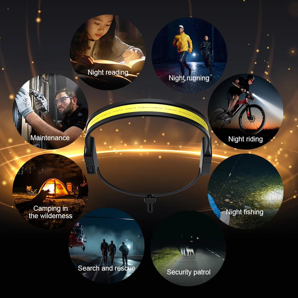 LED + COB 헤드램프, USB 충전식 헤드 손전등, 디지털 전원 디스플레이, 캠핑 개 산책 낚시 하이킹용, 3 가지 모드