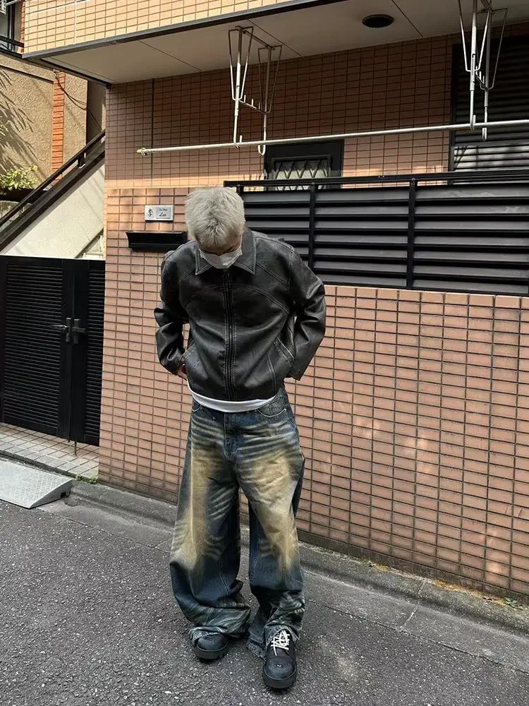 New Vintage Wide-leg Jeans Vintage Washed Yellow Do Old Classic Y2K Pants Nostalgia Loose Straight Pants Korean Streetwear Men's