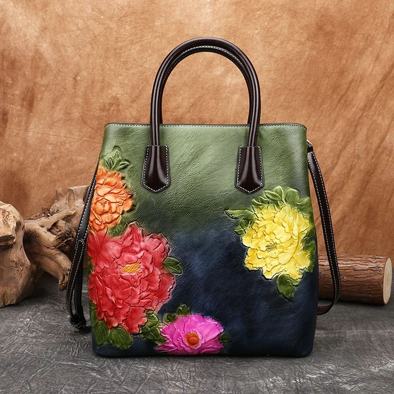 Women Leather Handbag Vintage Bucket Shoulder Floral Tote Handmade Embossed