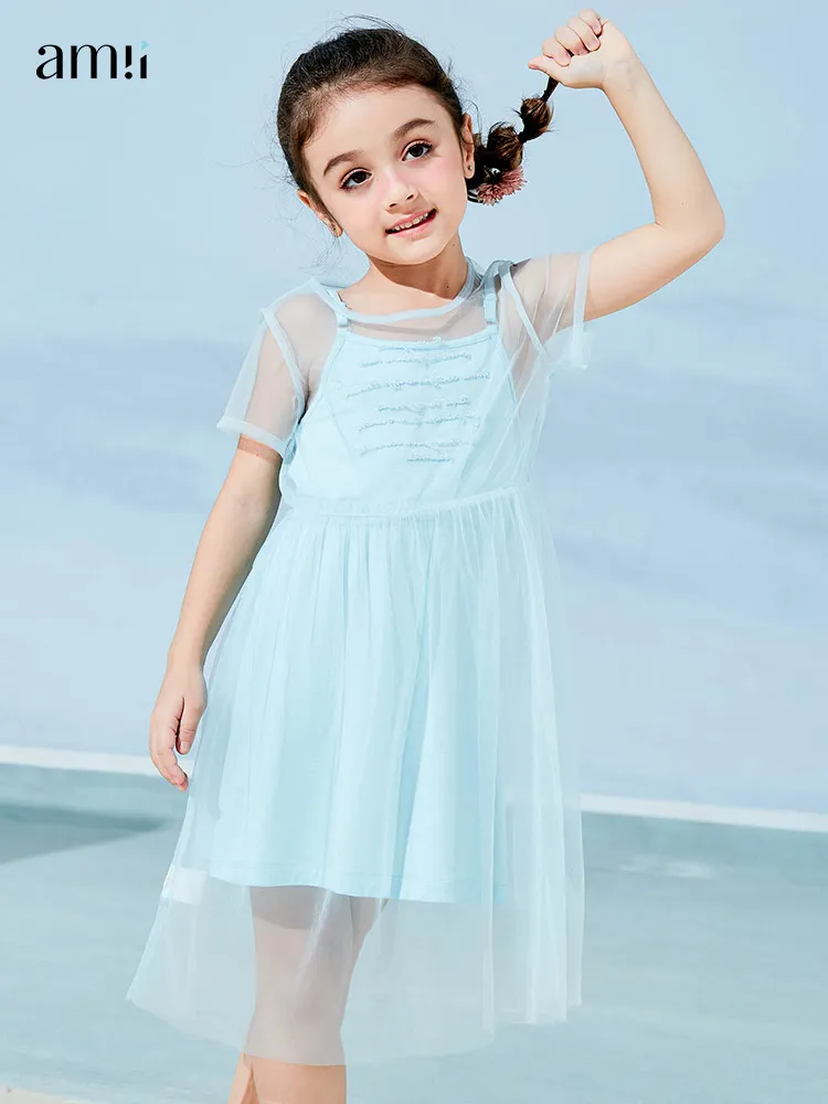 

Amii Kids Dress for Girls 2022 Summer Cute Short Sleeve Children Teens A Line Dresses Clothes 22030039