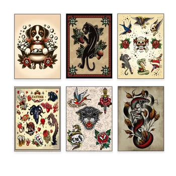 Pittura su tela Stampe per tatuaggi vintage Poster per tatuaggi per il corpo Arte tradizionale del tatuaggio per le donne Soggiorno Camera da letto Ufficio Decorazione della parete
