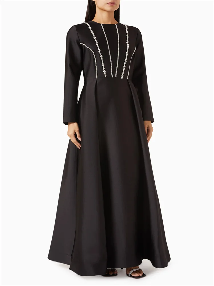 

New Arrival Round Neck Long Sleeves Embellished Bodice Shoulder Pads A-Line Prom Dress Elegant Back Zipper Floor Length Gowns