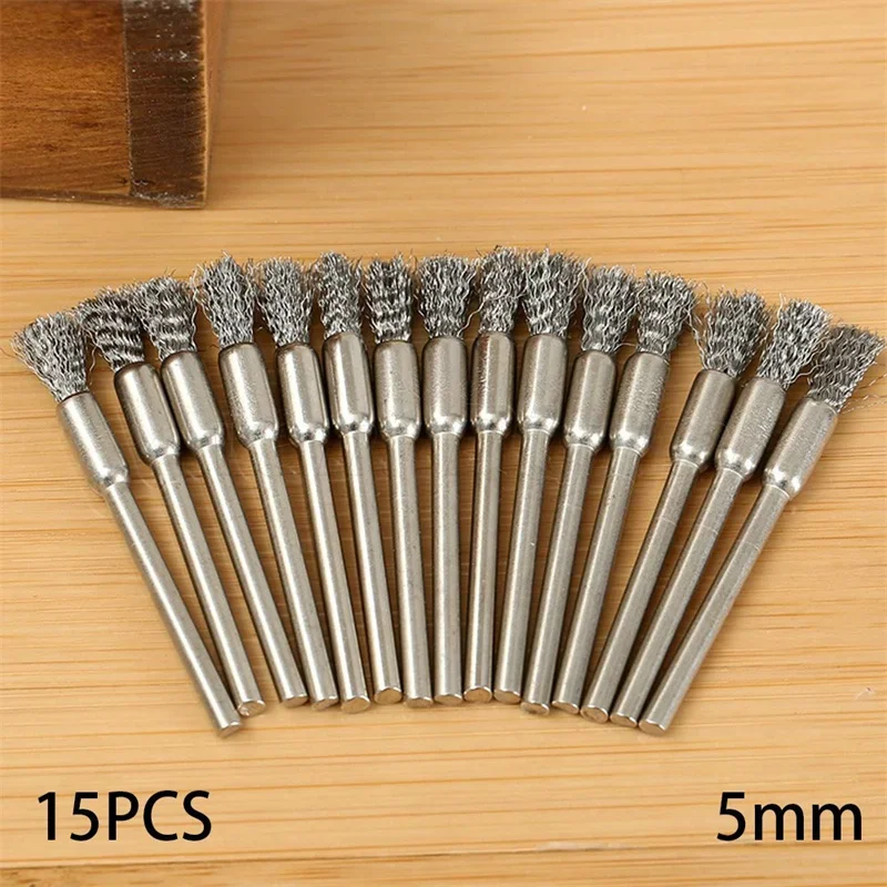 15/45Pcs 5mm Wire Brush Remove Rust Polishing Brush Stainless Steel Handle For Mold Grinder Electric Rotary Drill Accessories