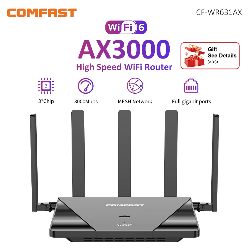 COMFAST WiFi6 메시 라우터, 2.4G 및 5GHz AX3000 무선 라우터, 기가비트 포트, 강력한 고이득 5 * 5dBi 안테나, WPA3 OFDMA MU-MIMO 