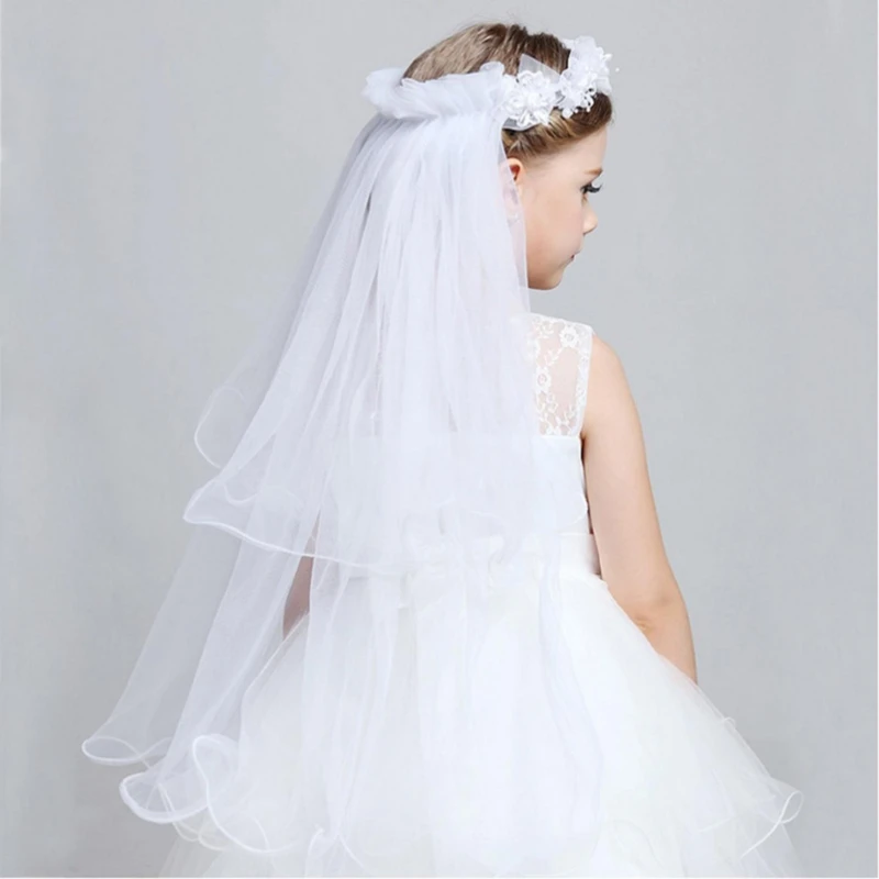 Children Bridal Veil Hairband Double Layers Tulle Flowers Garland Ruffles Floral Lace Wedding Party Wreath bridal veil