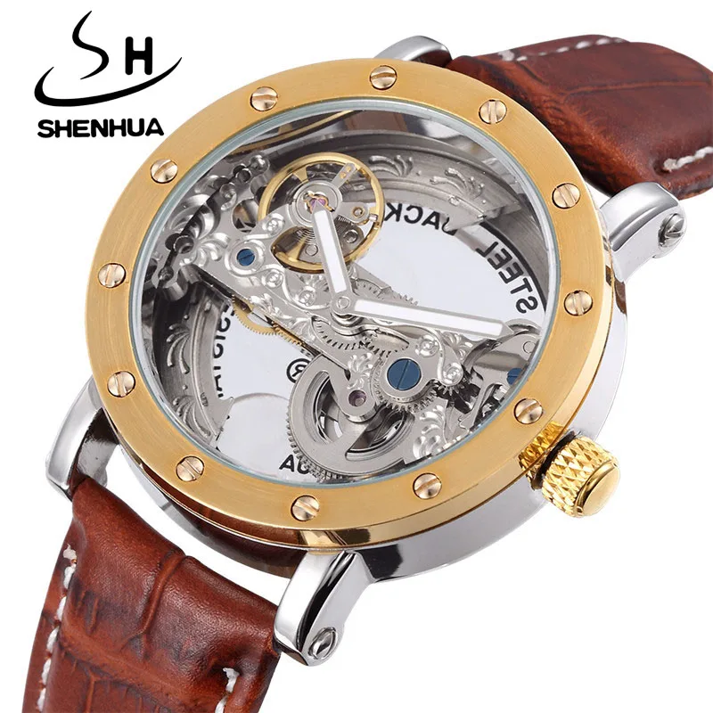 

SHENHUA Mens Watches Top Brand Luxury Automatic Self-wind Watch Brown Genuine Leather Band Water Resistant Mechanical Wristwatch