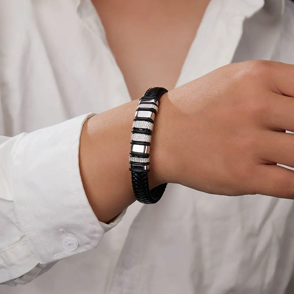 Luxury Cuban Bracelet - 8mm Leather  18k Gold Plated Sterling Silver with Lab-Grown Zircon Diamond for Men