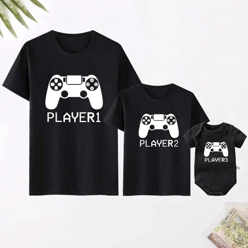 Player 1/2/3/4 Funny Father Daughter Son Family Look Shirt Cotton Short Sleeve Tee For Daddy Baby Romper Family Matching Clothes 5