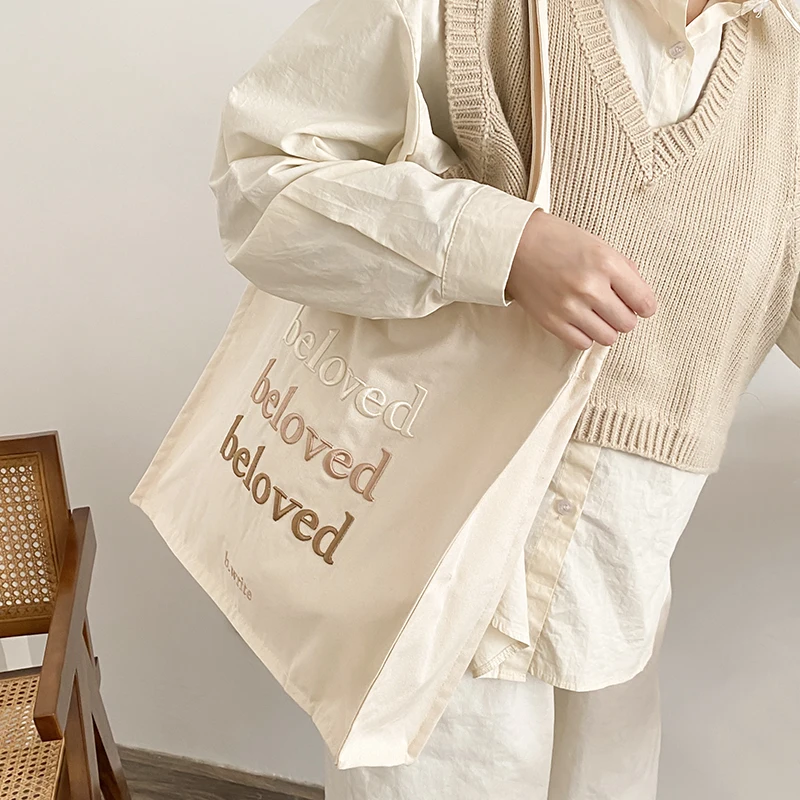 Women Canvas Shoulder Bag Beloved Embroidery Daily Shopping Bags Students Books Bag Thick Cotton Cloth Handbags Tote For Girls shoulder bag canvas tote bag