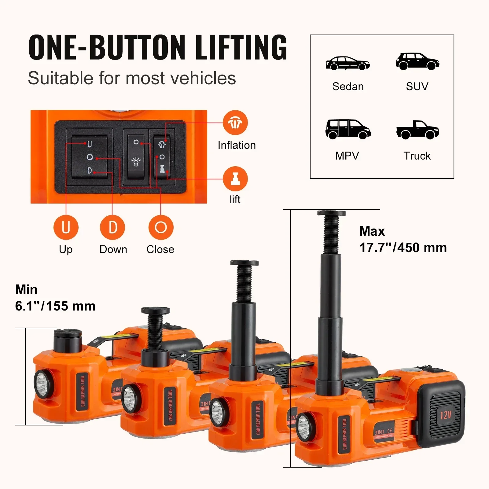 VEVOR 3/5Ton Electric Car Jack Portable 12V Car Jack With Impact Wrench Tool for SUV MPV Sedan Truck Change Tires Garage Repair 3