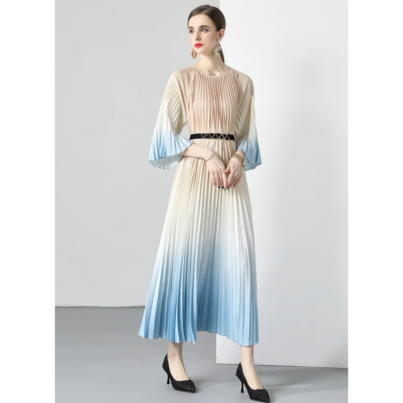 

2023 New Fashion Pleated Dress Women's Summer Elegant Round Neck 5/4 Sleeve Loose Fit Leisure Vacation Party Vestidos