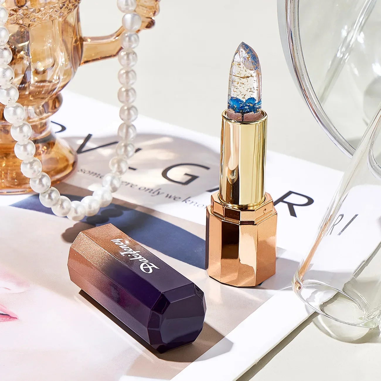 Kristall-Lippenstift Set – 6 Stück, Temperatursensitiv, Feuchtigkeitsspendend, Mit Blumendruck