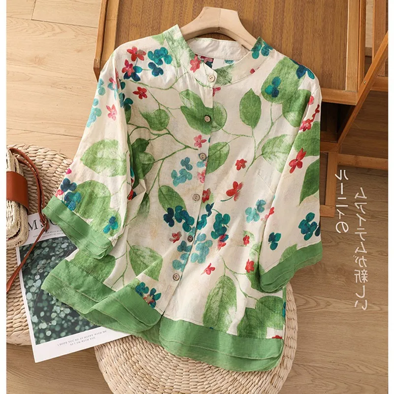 

2023 New Arrival Summer Women Casual O-neck Half Sleeve Print Blouse Casual Cotton Linen Patchwork Single Breasted Shirts P636