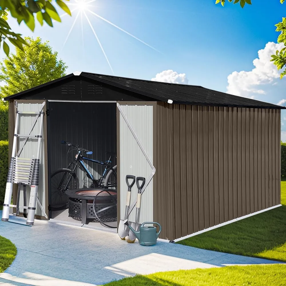 

8x6 FT Outdoor Locker, Solid Metal Galvanized Steel Garden Storage Shed with Lockable Sliding Door, Built-in Handles, 4 Vents