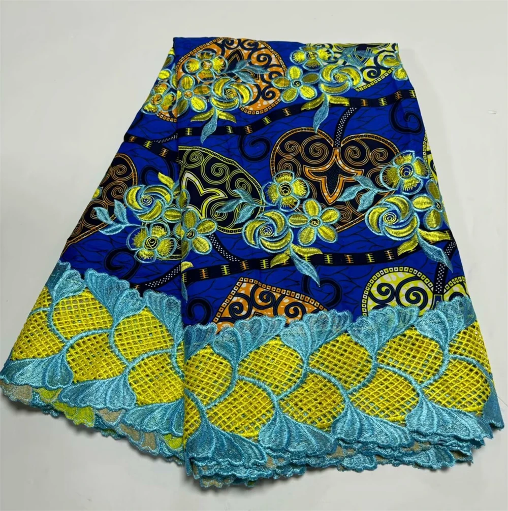 

African Wax Fabric Cord Lace Cotton Wax Fabric And Guipure Lace Embroidered Fabrics 6 Yards For Party Dress