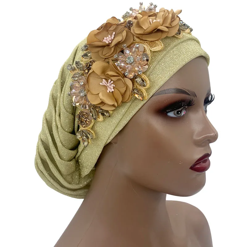 

2023 NEW Shiny Pleated Turban Cap with Diamond Bouquet African Headtie Women's Head Wrap Nigeria Headpiece Lady Party Hat