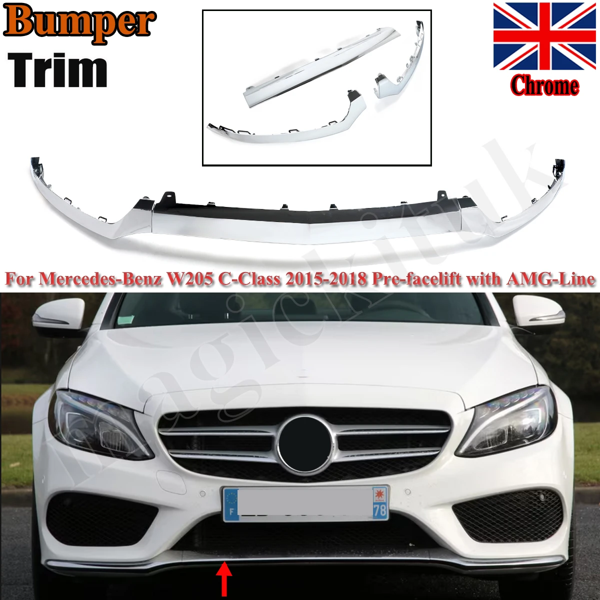Chrome Lower Splitter For Mercedes C Class W205 Front Bumper c180 c200 c300 c400 for AMG bumper decor