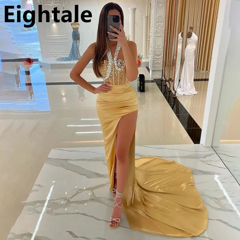 

Eightale Champagne Evening Dresses Party Dress Satin Halter Side Split Beaded Elegant Mermaid Prom Gowns Celebrity Gown