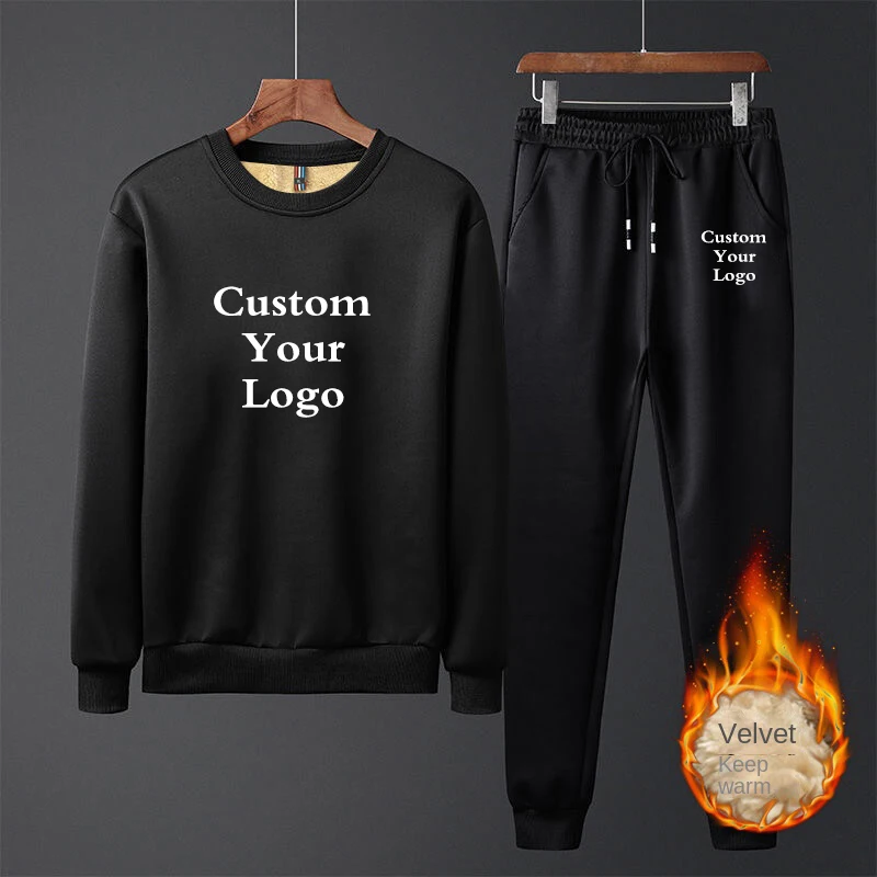 Spring Autumn Custom Logo Thick Warm Men's Tracksuit Sets 2 Piece Sweatshirt+Pants Casual Male Set Sportswear Sweat Suits