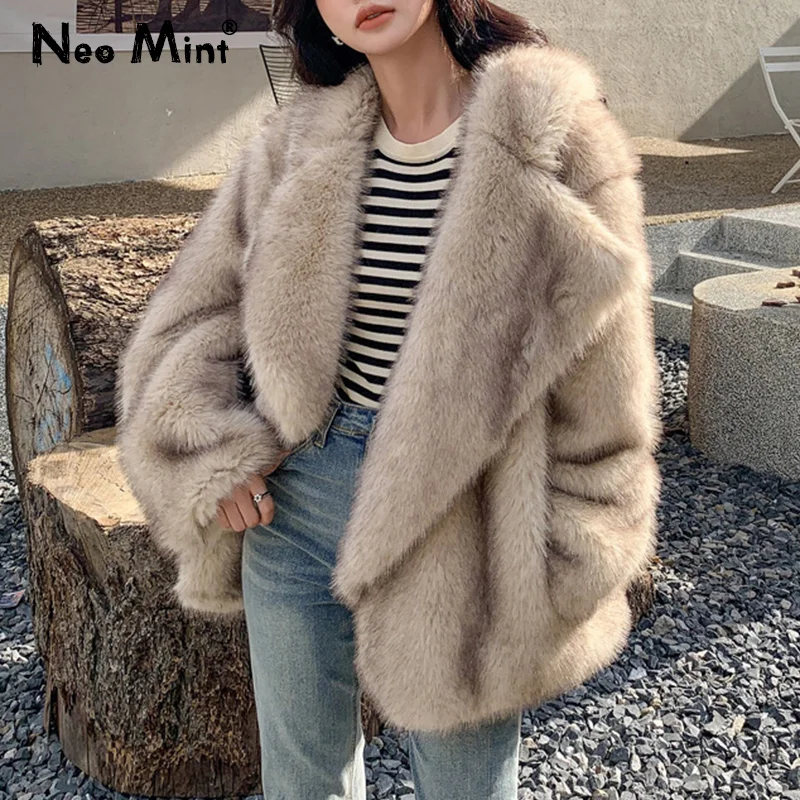 Luxury Brand Fashion Gradient Animal Color Faux Fur Coat Jacket Women 2023 Winter Loose Oversized Long Fluffy Overcoat Outerwear