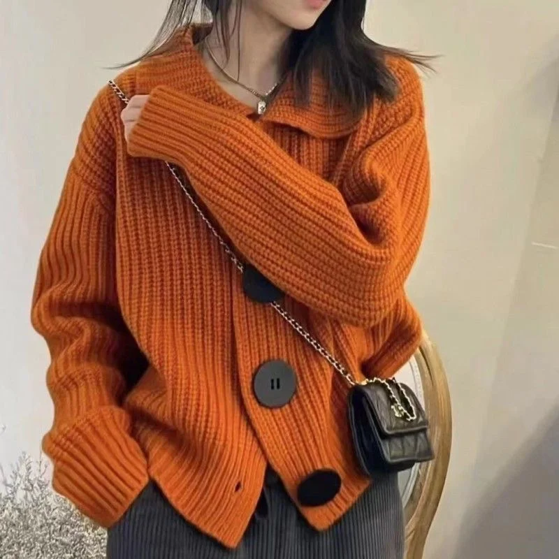 

Women Doll Collar Lazy Fashion Large Button Knitted Sweater Cardigan 2023 Female Spring Autumn Style Lapel Loose Artistic Trend