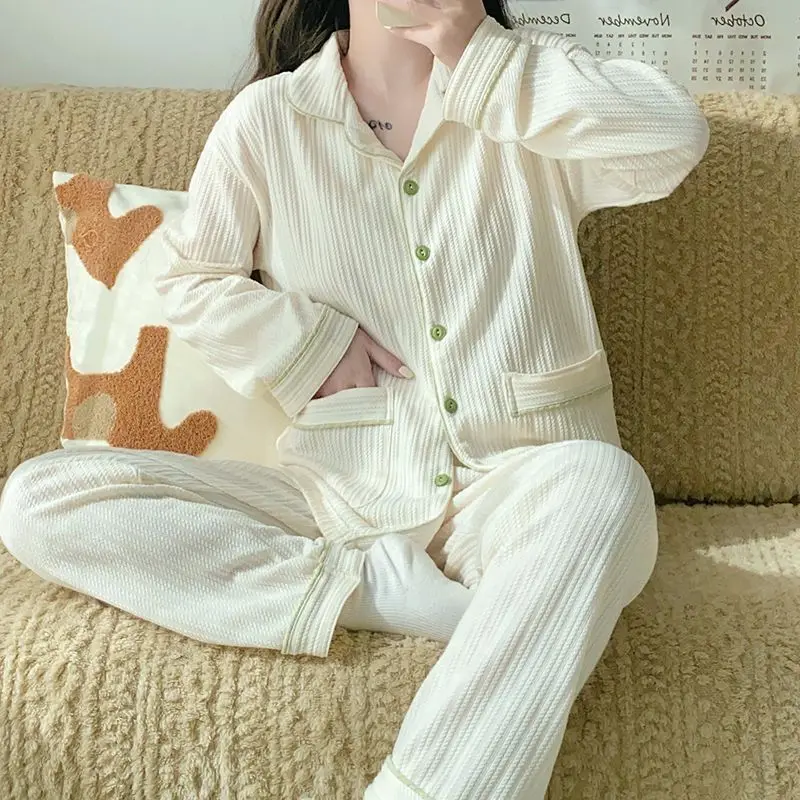 Simple Long Sleeve Pajamas Set 2024 Spring Autumn Women High-Grade Pure Cotton Striped Homewear Suit Casual Large Size Sleepwear
