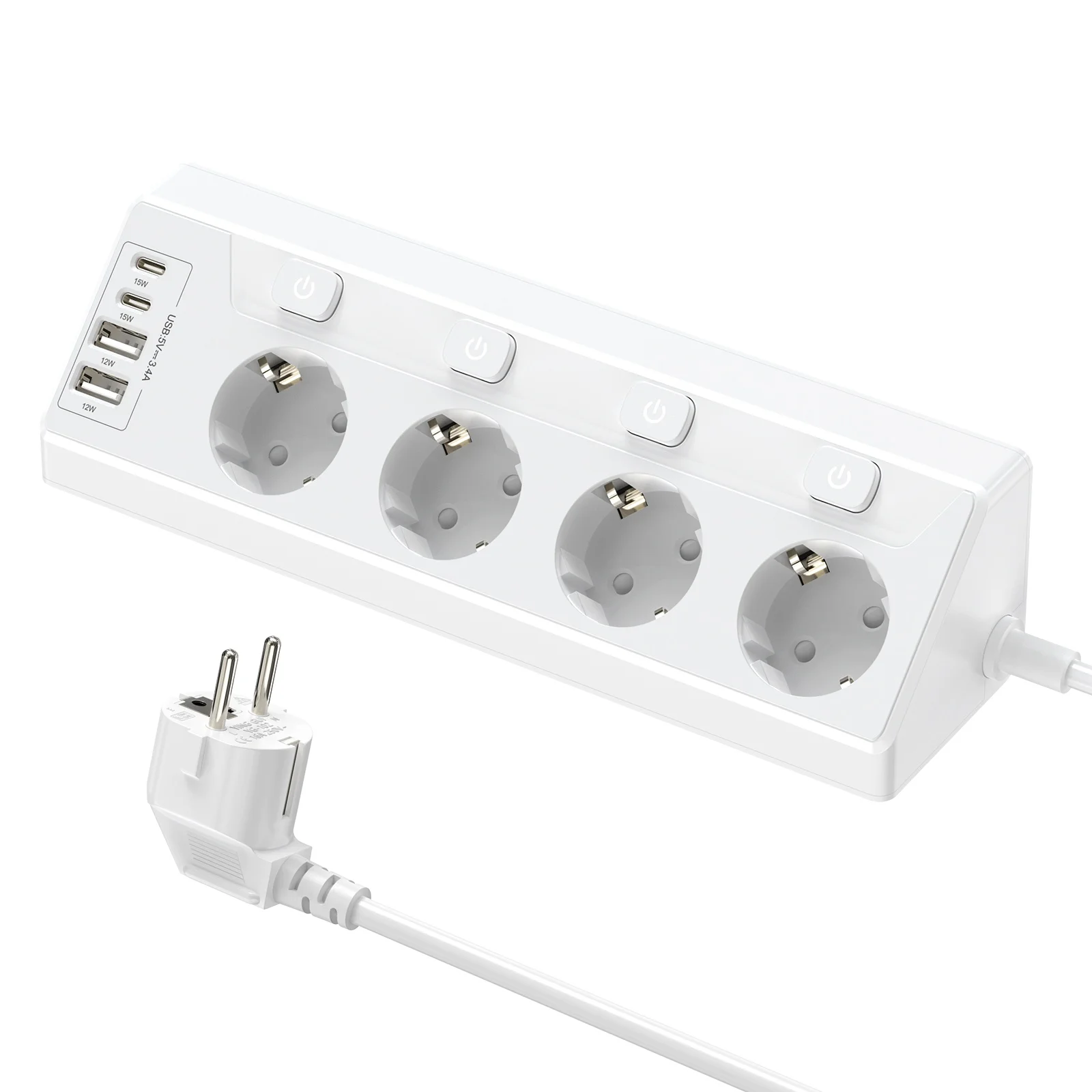 Enhanced Euro Multi-Plug Power Board with USB and Type-C Ports, Corner Sockets, and Surge Protection