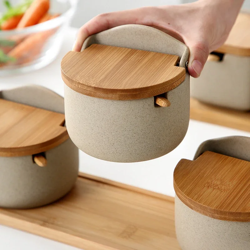 2/3PCS Seasoning Jar Ceramic Multi-function with Spoon Bamboo Lid Wooden Tray Sugar Salt Paper Jar for Household Storage Box