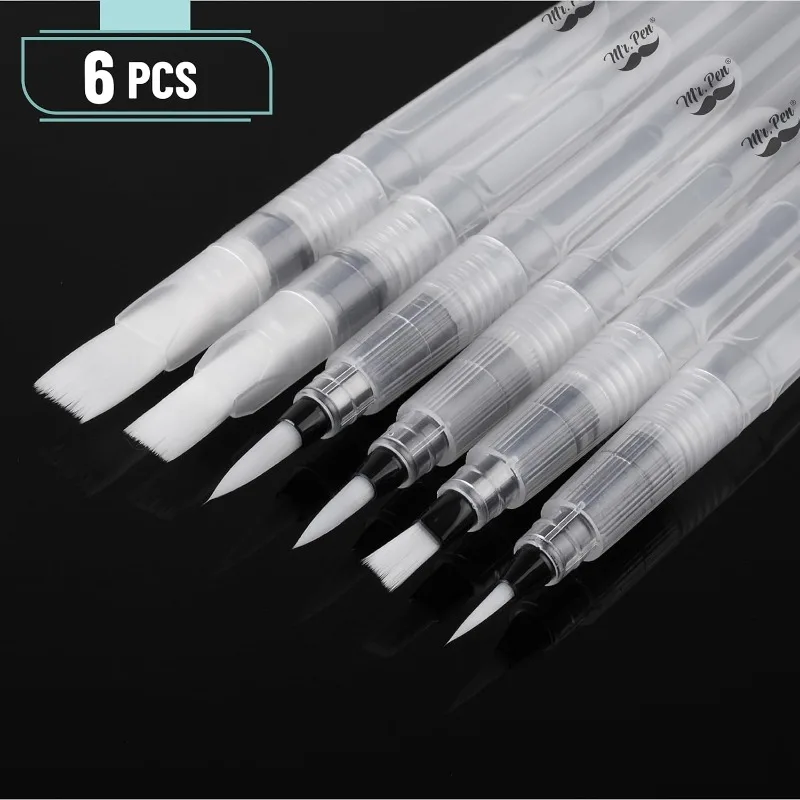 6개입 수채화 브러쉬 펜 세트 리필 가능한 수채화 펜 나일론 팁 물로 채워 블렌딩하거나 좋아하는 잉크나 염료를 추가하세요