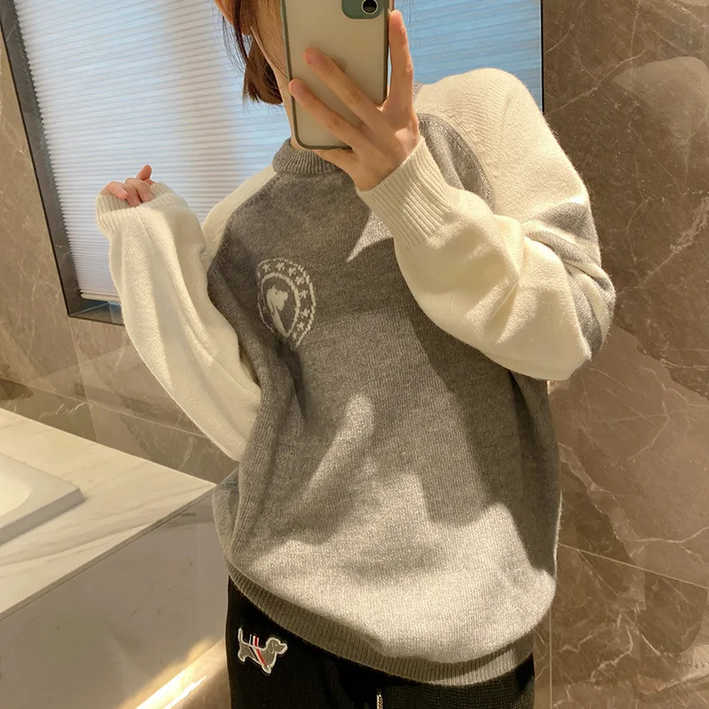 

High Quality Korean Style TB Knit Sweater Women's Back Puppy Pattern Contrast Sleeves Round Neck Casual Loose Fashion Couple Top