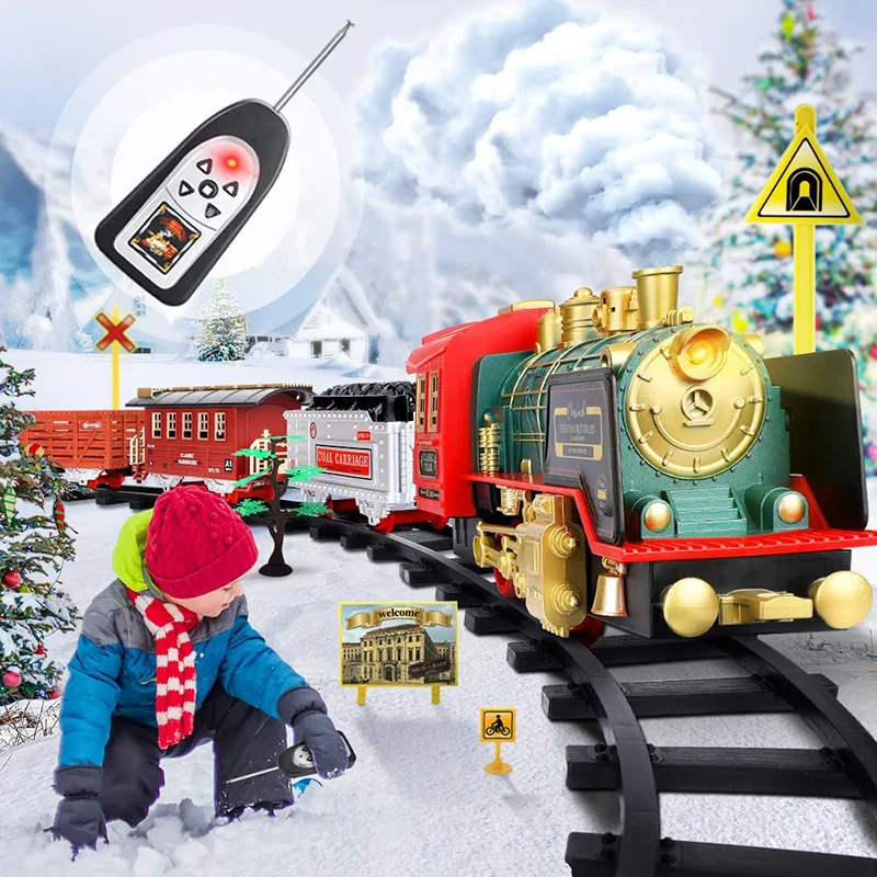 Rc Vintage Steam Train Set Christmas Gift For Kids Realistic Steam Effect Sound Light Interactive Tracks Train