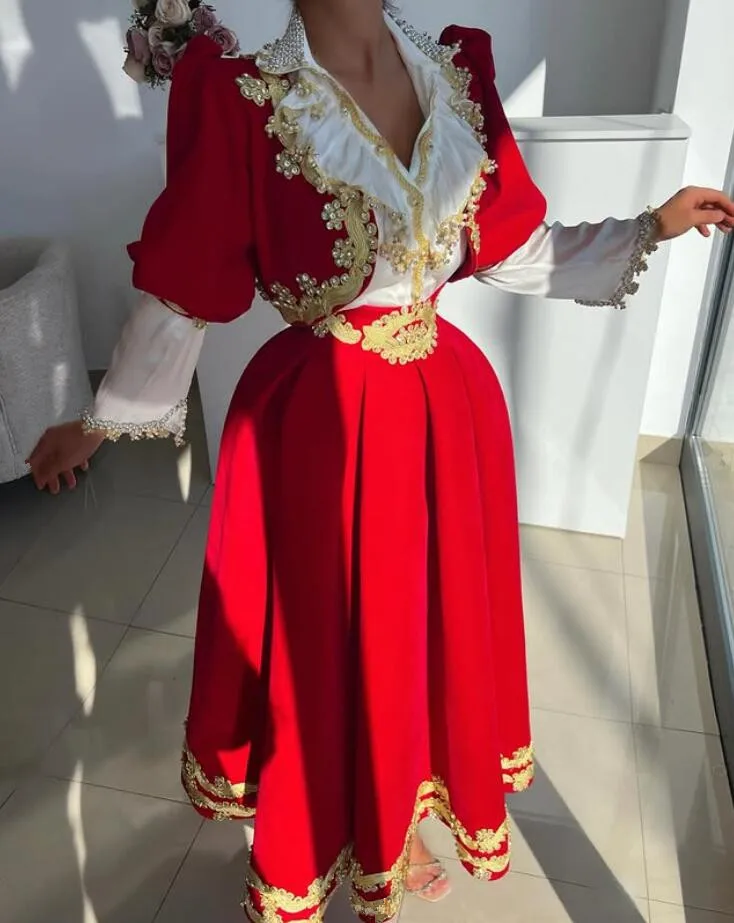 Gold Red Vevlet Arabic Evening Occasion Dresses with Long Sleeve 2025 Customsized Albanian Kosova Ankle Length Prom Gown 1