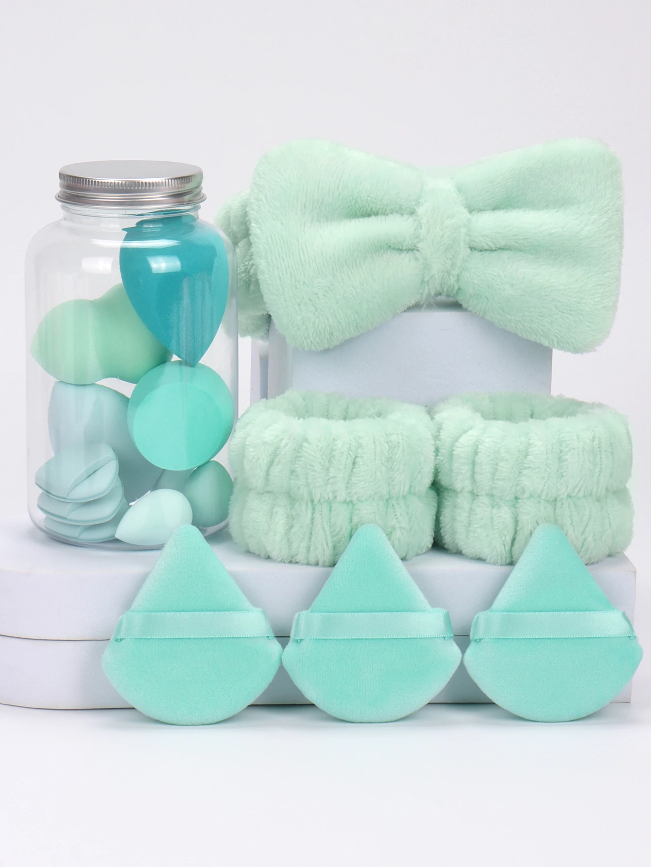 Japanese Style Bow Headband 16-Piece Set, 1 Headband, 2 Wrist Straps, 4 Makeup Sponges, 3 Mini Makeup Sponges, 3 Triangular Loos 6