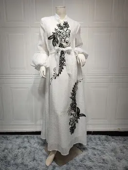 Embroidery Abaya Evening Dress for Women Sequins Belted White Moroccan Kaftan Bridal Gowns Gulf Jalabiya