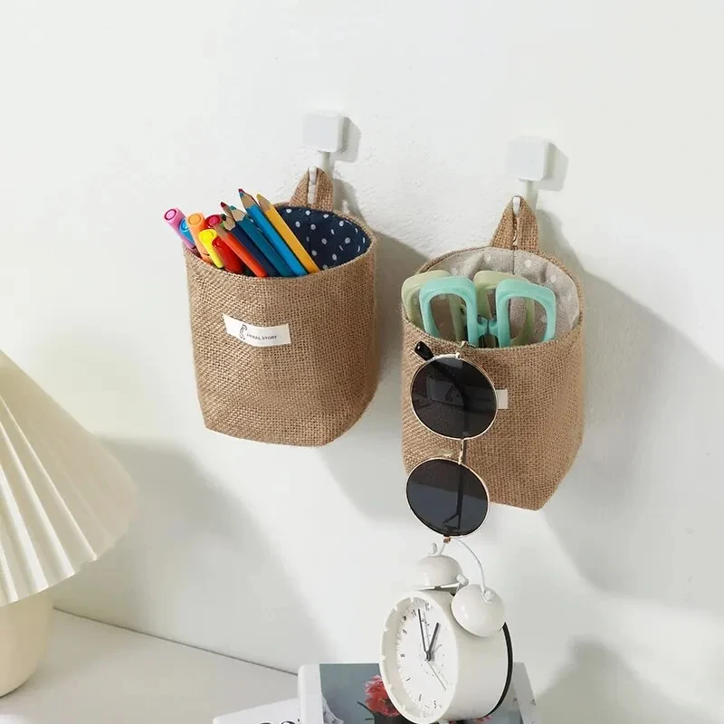 2Pcs Cotton And Linen Fabric Storage Bag Wall Hanging Storage Bag Hanging Pocket Behind The Door Dormitory Mini Cloth Bag 3