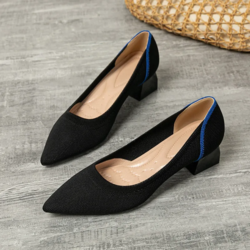 New Shoes for Woman Fashion Pumps High Heel Women Shoes Stretch Fabric Pointed Toe Square Heel Quality Ladies Shoes Platform
