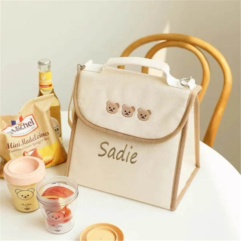 Personalized Embroidery Bear Multi functional Insulation Cold Mom Bag Portable Canvas Outgoing Mom Bag Fashion