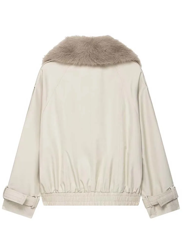 Women Puffy Fur Collar Jacket 2025 Women's Fashion Waterproof Long Sleeve Zipper Short Coat Streetwear Casual New Jacket ﻿