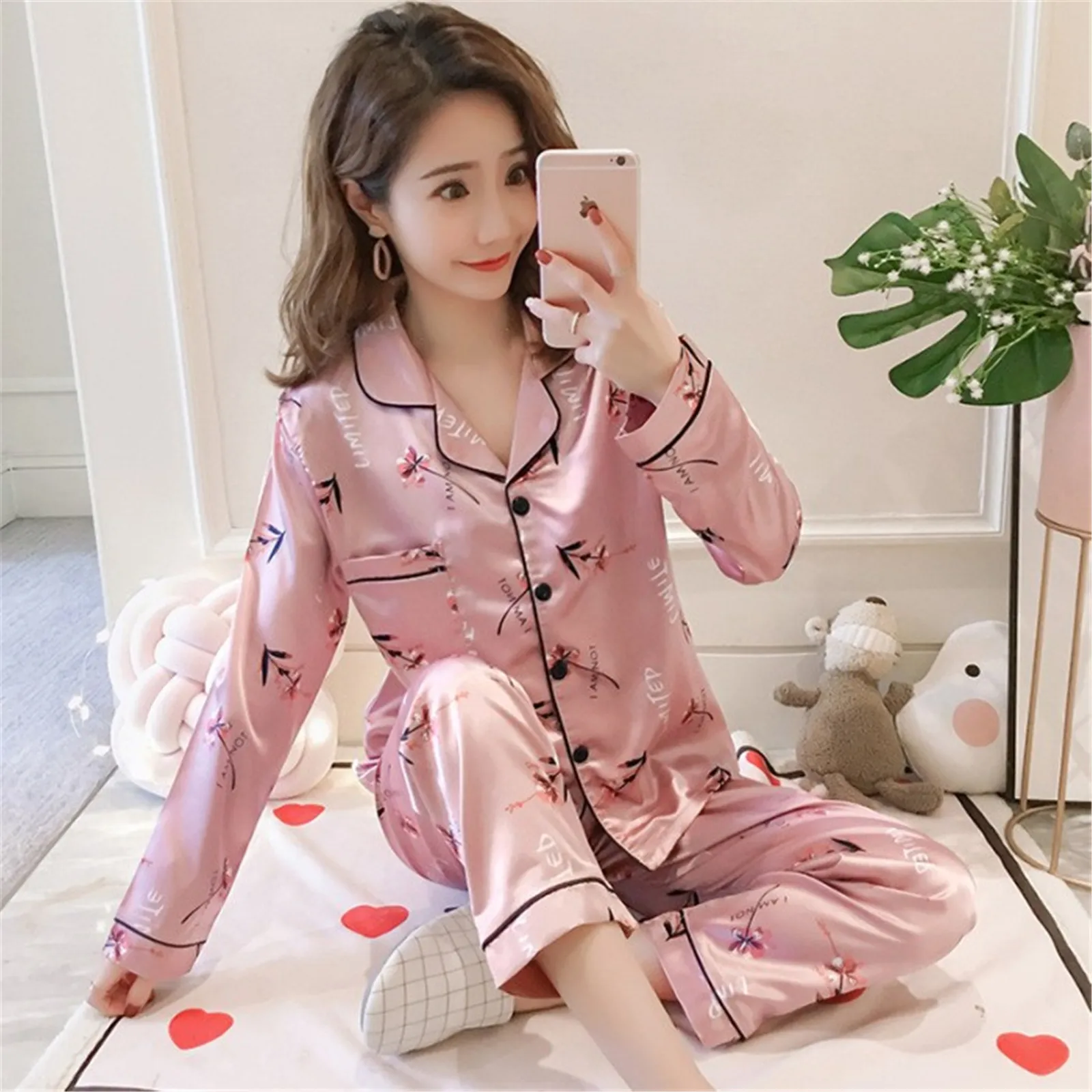Women 2 Piece Pajamas Sets Floral Print Pijama Faux Silk Satin Lapel Pyjama Female Sleepwear Long Sleeve Shirt Pants Homewear