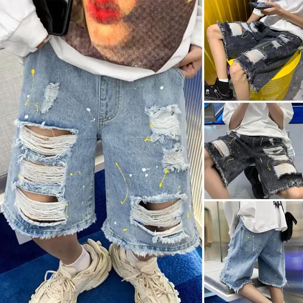 

Distressed Denim Shorts Men's Summer Denim Shorts with Elastic Drawstring Waistband Pockets Casual Solid Color Wide Leg for A