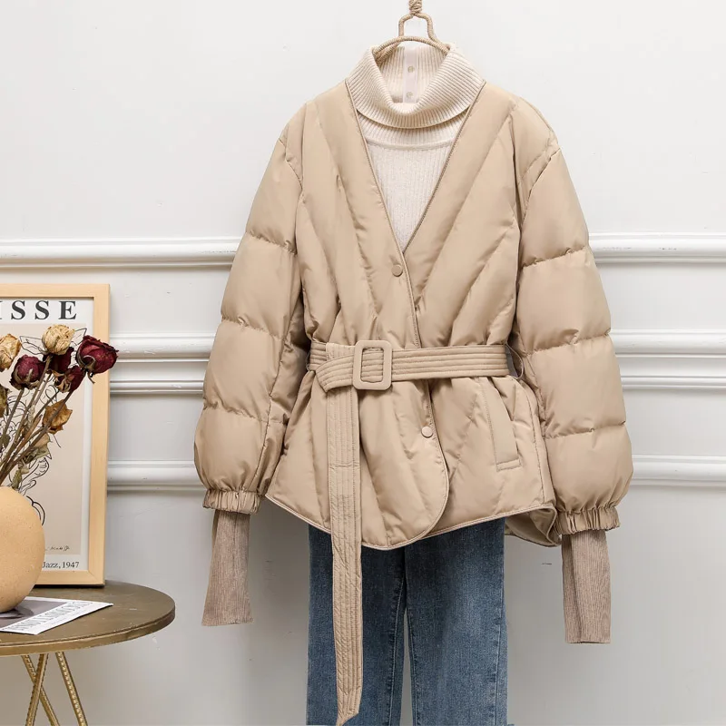 New Women Patchwork White Duck Down Jacket Mid-length V-neck Kint Sleeve Lace-up Fashion Single Breasted Loose Coat Tide Winter